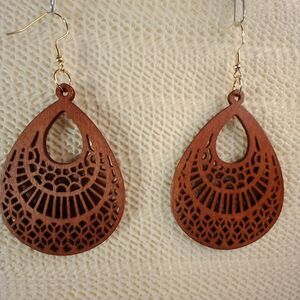 BOHO BROWN WOODEN Bohemian Teardrop Laser Cut 3.25" Earrings